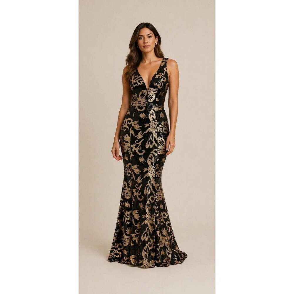Crystal Doll Black and Gold Cocktail Gown Size 5